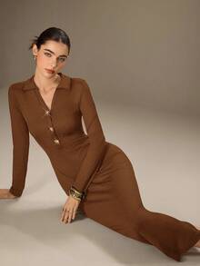 Modelyn Đầm trang trí bất đối xứng thắt eo thanh lịch dành cho nữ - màu nâu - Xem 7