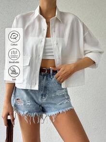 EURMUSE Women Geometric Cargo Pockets Crop Blouse Shirt - White - View 1