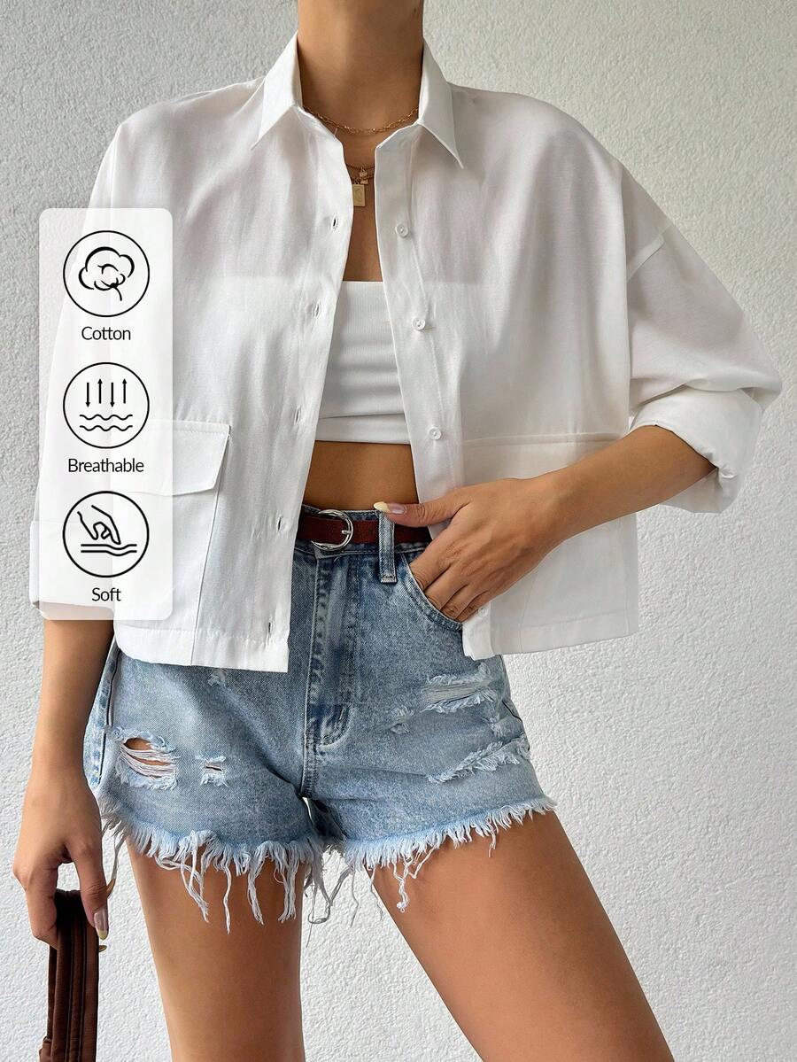 EURMUSE Women Geometric Cargo Pockets Crop Blouse Shirt - White - View 1