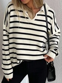 EURMUSE Striped Pattern Drop Shoulder Sweater - Black and White - View 4