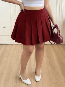 CovetEZ Plus Size Women Summer Casual Commuting School Style Simple Solid Color Pleated Short Skirt Burgundy - Red - View 6