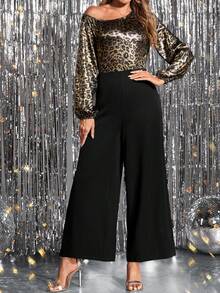 SHEIN Clasi 女士豹纹拼接不对称肩部灯笼袖时尚阔腿连体裤 - 彩色 - 查看 6