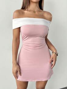 SHEIN PETITE Đầm ngắn nữ dáng ôm, màu trơn, phối nhiều mảnh, hở vai - Hồng - Xem 10