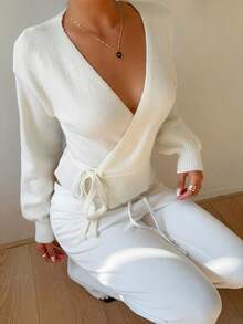 Flirla 休闲百搭纯色系带开衫 - 白色 - 查看 6