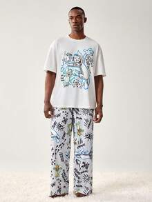 TOM & JERRY X SHEIN Conjunto de ropa de estar en casa con camiseta de manga corta y cuello redondo con estampado de dibujos animados y pantalones largos para hombre - Blanco - Ver 5