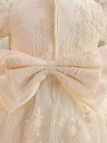 Glamorique Kids 女婴香槟色刺绣蕾丝薄纱缎面连衣裙，泡泡袖短袖正式礼服，适合婚礼、旅行、生日派对等场合，优雅迷人，亦可作为儿童公主裙穿着。 - 杏色 - 查看 4