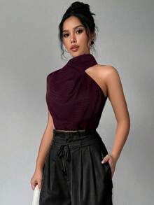 Firerie 女士亚麻高领无袖衬衫，通勤上衣，不对称无袖衬衫，适合通勤、优雅、度假、海滩、波西米亚风、夏威夷风、教师节、音乐节等场合 - 酒紅色 - 查看 4