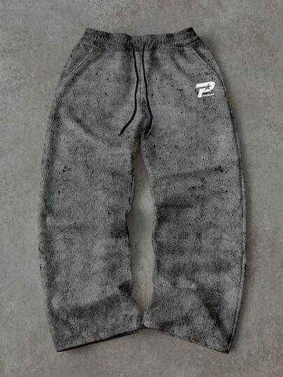 Manfinity ZONE917 Loose Fit Distressed Cement Gray Graphic Print Straight Leg Fleece Sweatpants