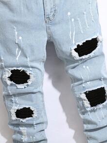 Manfinity Homme Men's Slim Fit Ripped Pocket Casual Denim Jeans Men Ripped Jeansstreetwear Jeans Men Ripped Denim Jeans - Light Wash - View 5
