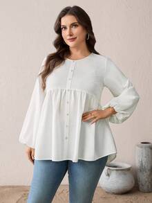 SHEIN Essnce Áo sơ mi dài tay cài nút trang trí, kiểu dáng rộng rãi, thoải mái, thời trang mùa xuân và thu cho nữ, màu trắng, thích hợp mặc đi làm, màu trắng. - trắng - Xem 3