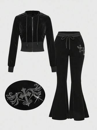 Grunge Punk Set da 2 pezzi composto da felpa con cappuccio e pantaloni in velluto vintage, stile gotico sexy con ali a croce scure, per donna