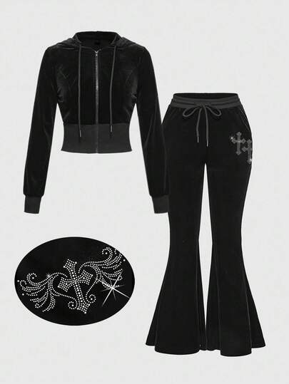 Grunge Punk Set da 2 pezzi composto da felpa con cappuccio e pantaloni in velluto vintage, stile gotico sexy con ali a croce scure, per donna