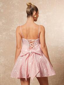 Lumalex 早春亮片斜纹软呢面料低胸吊带方领收腰宽松泡泡袖连衣裙,配超大蝴蝶结系带露背设计,适合女士穿着。早春连衣裙,适合度假、生日、婚礼、情人节礼物指南、浪漫情人节穿搭、宾客婚礼、情人节礼物指南、浪漫情人节穿搭、派对、夏季假日、海滩穿搭、奢华造型、低调奢华、舞会、聚会、宴会、简约、老钱、锐舞派对、音乐节、层次丰富的派对。 - 粉色 - 查看 7