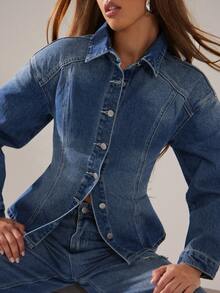 Denimoi 收腰翻领纽扣长袖牛仔上衣 - 中等水洗藍 - 查看 3