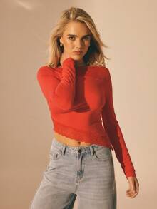 Aralina Women's Casual Luxury Elegant Boat Neck Long Sleeve Top With Lace Trim And Asymmetrical Hemline Perfect For Christmas Party Outfits And New Years Eve Party Outfits - Red - View 5