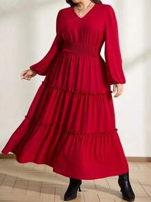 SHEIN LUNE Váy maxi họa tiết hoa xanh lá cây cỡ lớn cho nữ dịp Giáng sinh, mùa xuân, trang phục giáo viên cho phụ nữ, váy lễ Phục sinh cho phụ nữ mùa hè phong cách Boho cổ điển cỡ lớn thời trang mới màu đỏ thuần khiết cổ chữ V, thích hợp cho tiệc tốt nghiệp, kỳ nghỉ và hẹn hò, váy dự tiệc cao cấp thanh lịch cỡ lớn cho phụ nữ cỡ lớn tay dài eo, váy thanh lịch cho mùa thu và mùa đông, váy đỏ cỡ lớn - Màu Đỏ Sâu - Xem 2