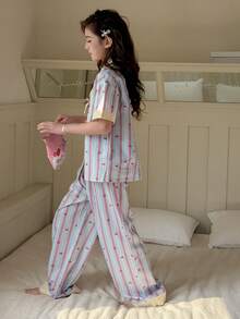 DAZY Tween Girl Striped Cherry Print Bow Decor Short Sleeve Top And Pants Pajama Set - Blue - View 3