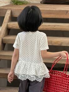DAZY Young Girl Round Neck Short Sleeve Polka Dot Lace Trim T-Shirt, Summer - Beige - View 4