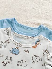 SHEIN Vintaside Kids طقم تي شيرت وبنطلون مطبوع بطبعات حيوانات كرتونية للأطفال الصبيان - بني فاتح - مشاهدة 10