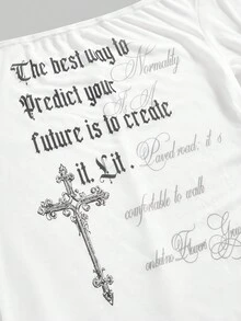 ROMWE Avant 大码女式复古Y2K坏女孩浪漫朋克十字字母印花不对称肩长袖透视T恤上衣 - 白色 - 查看 3