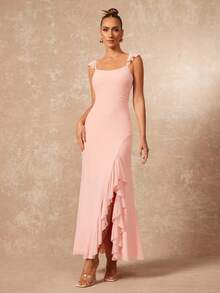 Lumalex 优雅通勤性感纯色珊瑚橙色荷叶边开衩修身A字连衣裙，适合海滩度假、邮轮旅行、晚宴、婚礼、派对、返校、毕业典礼、婚礼季等场合。 - 珊瑚粉 - 查看 9