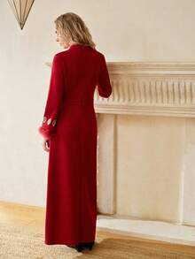 MOTF PREMIUM VESTIDO LARGO SIN CINTURÓN CON ESTAMPADO GRÁFICO Y PARCHES DE MANGA DE PIEL SINTÉTICA PARA MUJER - Rojo - Ver 4
