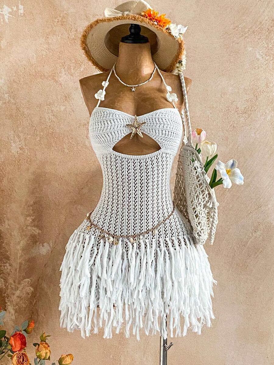 Soleia Women's Sexy Backless Tassel Hem Vacation Knit Dress Vacation Outfits Women Summer Holiday Outfits Summer Dress  Valentine's Day Beach Dress White Dress