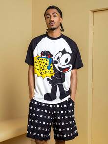 SHEIN Felix The Cat Men's Colorblock Cartoon Graphic Short Sleeve Top And Solid Color Shorts Loungewear Set - Black and White - View 3