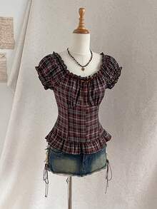 Attitoon Off-Shoulder Ruffle Trim Plaid Blouse, Cute Women Top, Brown - Brown - View 8
