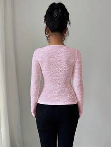 SHEIN LUNE 女士花卉纹理前系带单排扣修身优雅T恤 - 粉色 - 查看 2