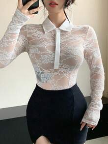 DAZY Women's Solid Color Lace Mesh Slim Fit Long Sleeve Collared Elegant Formal Blouse, Spring/Autumn - White - View 1