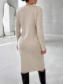 EURMUSE Cable Knit Sweater Dress Without Belt - Beige - View 2