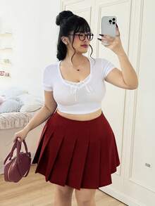 CovetEZ Plus Size Women Summer Casual Commuting School Style Simple Solid Color Pleated Short Skirt Burgundy - Red - View 3