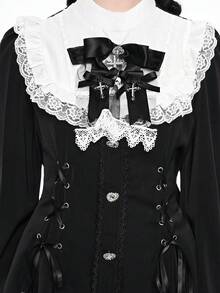 ROMWE Gothic Dark Peter Pan Collar Bow Tie Cross Pendant Fitted Shirt & Shorts 2 Pieces Set - Black - View 3