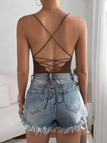 SHEIN Essnce Women's Solid Color Backless Tie-Up Design Casual Bodysuit - Coffee Brown - View 4