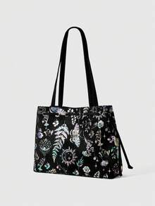 ROMWE Fairycore Floral Butterfly Jungle Suede Tote Shoulder Bag - Black - View 6