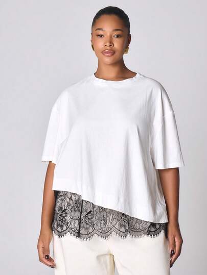 MUSERA Lace Hem Trim Oversized Tshirt NewYear Cute Sexy Going Out Evening Party Accented Spring Summer Easter