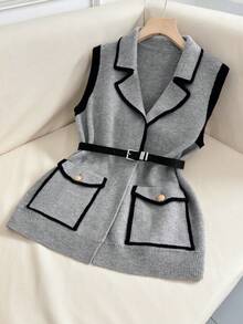 GlowEve Autumn/Winter New Elegant Sophisticated Minimalist Classy Dark Trim Lapel Sleeveless Dual Pocket Metal Button Soft Women Sweater Vest