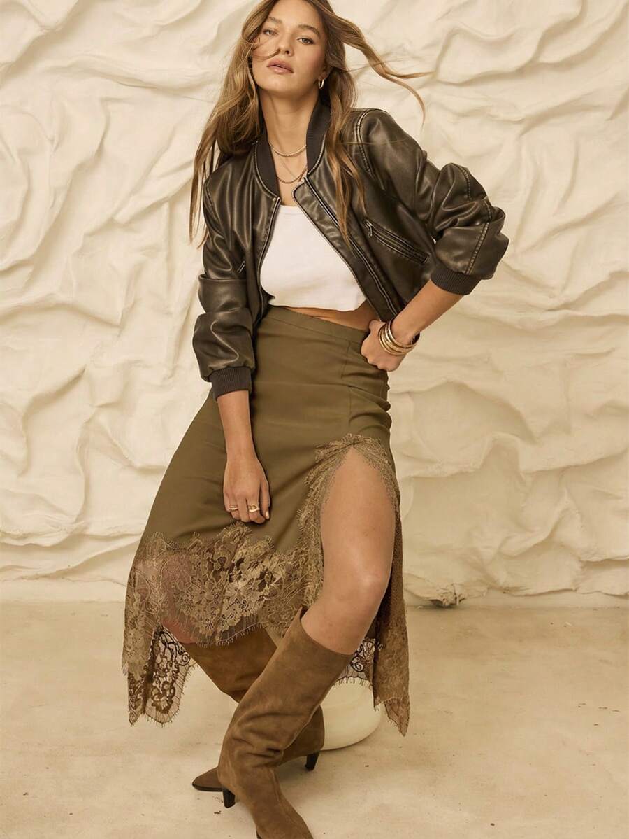 Aralina 女士复古休闲撞色蕾丝开衩半身裙 - 巧克力棕 - 查看 1