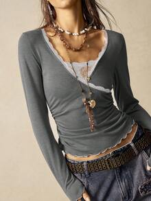 Bohemela Áo thun nữ dài tay cổ chữ V màu trơn dáng ôm vừa vặn - Xám - Xem 4