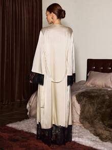 Slumberist 性感蕾丝边V领系腰仿丝女士睡衣套装 - 香檳色 - 查看 8