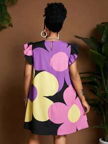mujer de línea A con cuello redondo, manga acampanada y estampado de dibujos animados en negro, uso diario minimalista, nueva llegada, diseño de nicho de moda, talla hasta la rodilla - Multicolor 8 - Ver 4