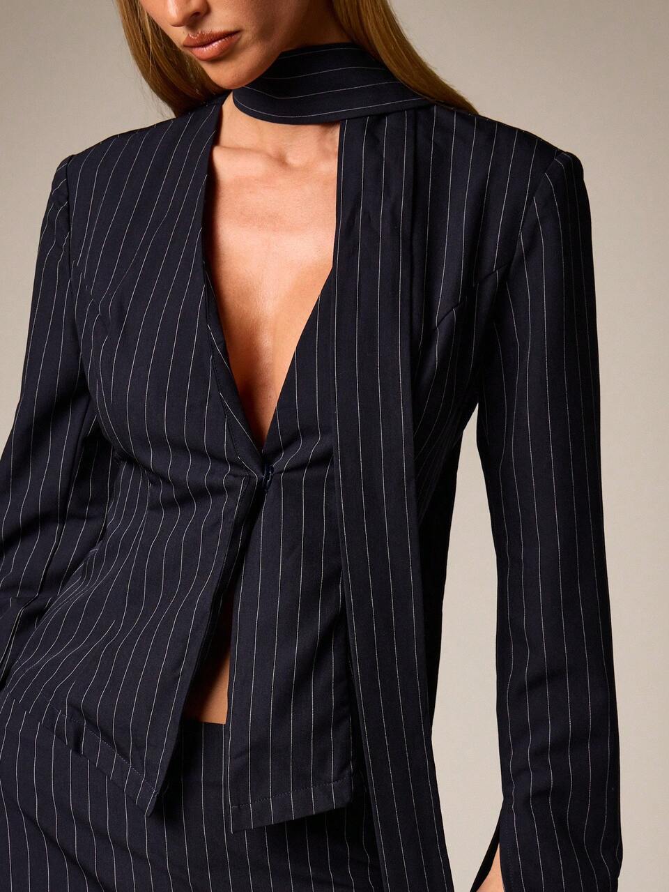 AiiRZ Navy Pinstripe Long Sleeve Blazer With Cinched Waist Belt And Deep V Neck For Professional Office Wear