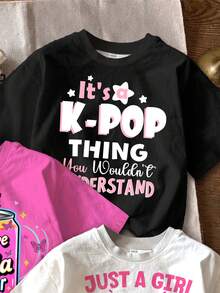 SHEIN Fashionable Regular Length Cute Letter Patterned Short Sleeve Tee For Young Girls - Multicolor - View 5