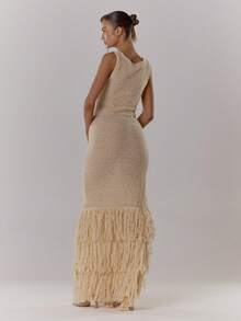 MUSERA Đầm maxi cổ tròn dệt kim tua rua xẻ tà, gợi cảm, thích hợp cho kỳ nghỉ hè ở Ibiza, du lịch dễ thương, tiệc cưới, tiệc mùa thu, sinh nhật, đi nhà thờ, tiệc mùa thu, lễ tình nhân, mùa xuân, tiệc cô dâu, tiệc độc thân, lễ Phục sinh, đầm dài. - Màu be - Xem 3