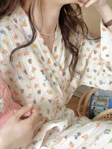 女士睡袍一件装 - 简约欧式风格长袖家居服，花熊印花，轻薄面料，纯色，春秋夏居家浴袍，尺码齐全，适合小码到大码，可用于婚礼、派对、水疗浴室装饰 - 花朵熊 - 查看 4