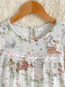 Robe longue à volants avec imprimé de dessin animé du Royaume animal pour filles, manches courtes, coton confortable, douce et élégante, tenue d'été à la maison - Vert menthe - Voir 6