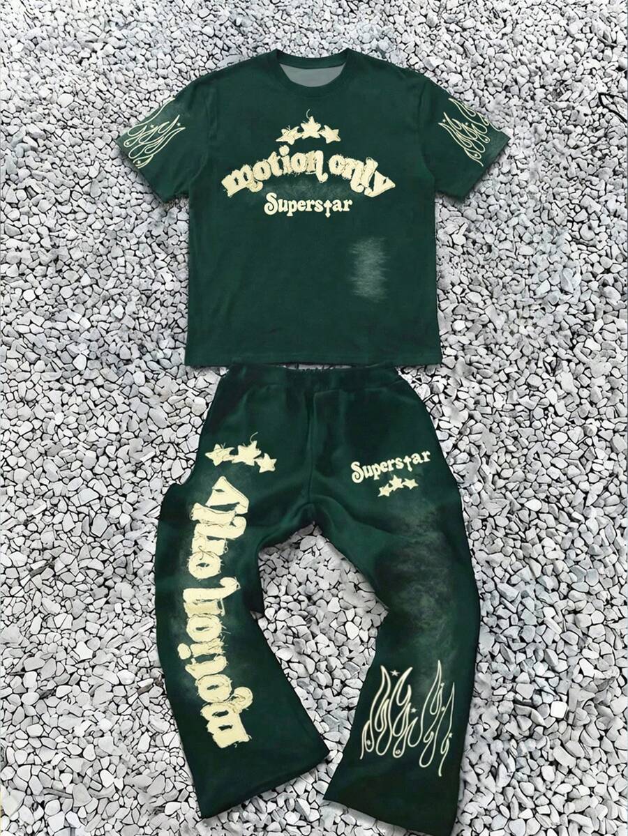 Bộ đồ thể thao tối giản phong cách Y2K Hip Hop dành cho bé trai tuổi teen, gồm áo thun ngắn tay cổ tròn dáng rộng in chữ tiếng Anh và quần ống loe. - Nhiều màu - Xem 1