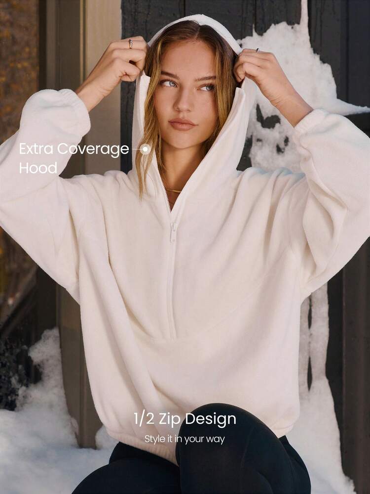 Micro Fleece Snow Glow Soft Plush Warm Lightweight Adjustable Drawstring Hem Half-Zip Hoodie Holiday Christmas Autumn Winter Outdoors Daily Casual Wear