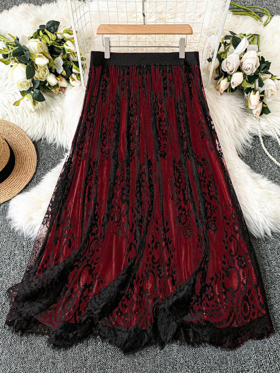 DreamSkyne Chân váy midi ren hoa thanh lịch dành cho nữ cỡ lớn, cạp chun co giãn. - Đỏ - Xem 1